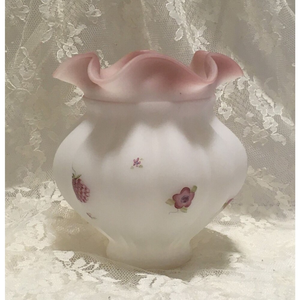 Vintage Fenton White Satin Ruffle Rim Vase Romantic Country Berries and Blossoms